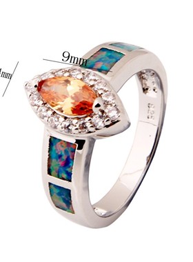 新款欧美亚马逊复古风白金10KT蓝色澳宝香槟色马眼形女式百搭戒指