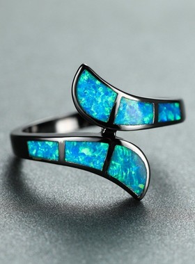 新款饰品时尚黑金蓝色弧形澳宝戒指男跨境欧美风夸张个性指环