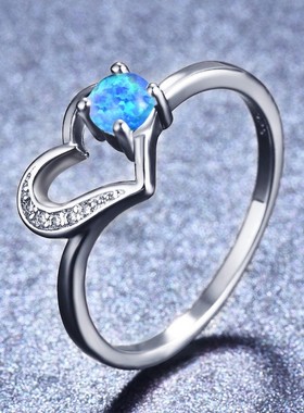 新款跨境简约风S925圆形白蓝紫色澳宝+镂空桃心女式百搭戒指