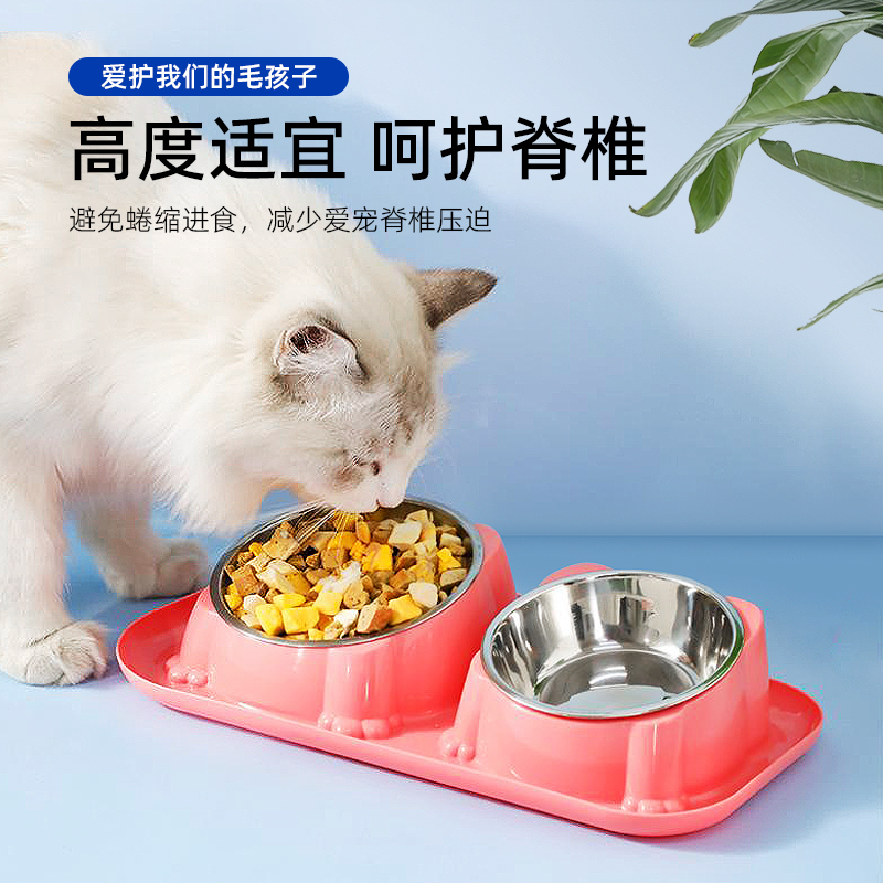 猫碗狗食盆自动喂食器狗盆狗碗喝水一体保护颈椎防打翻不锈钢双碗 - 图1