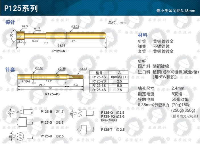 厂家直销 R125-4S 探针 外径2.4mm 焊线针套 弹簧针 配套P125系列 - 图2