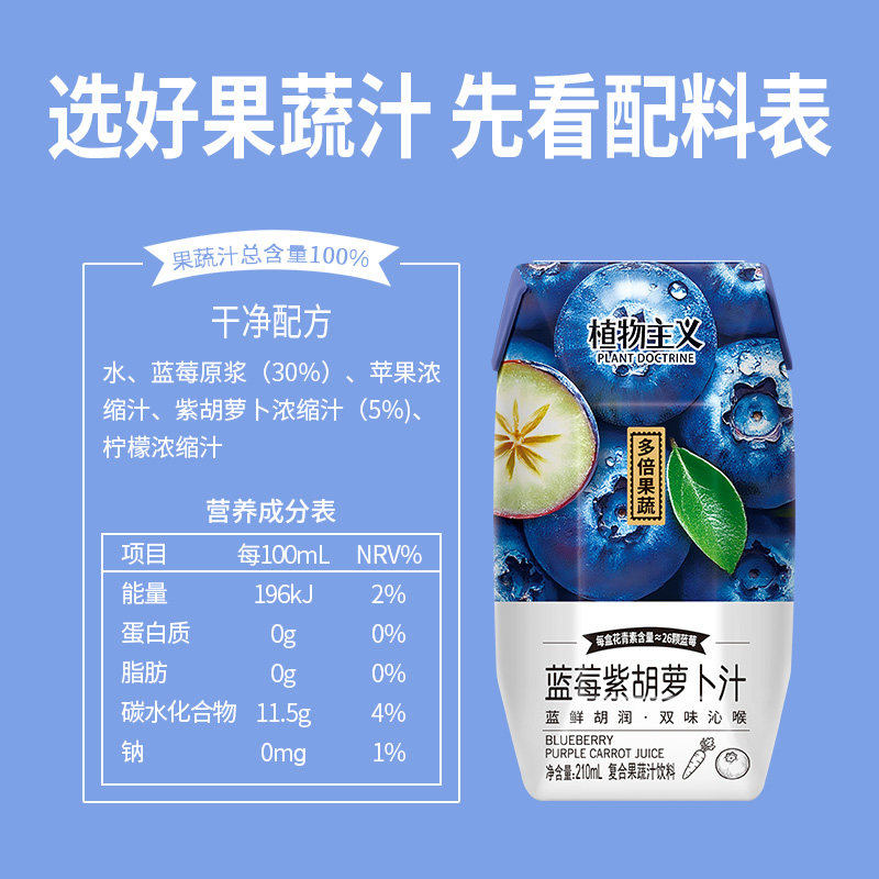 植物主义蓝莓紫胡萝卜汁复合果蔬汁100%果蔬汁饮品整箱210ml*12瓶,淘宝优惠券,粉丝福利购,淘宝优惠卷