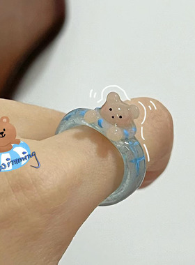 小红书同款蓝色小熊戒指2023年新款小众设计甜美风卡通少女心指环