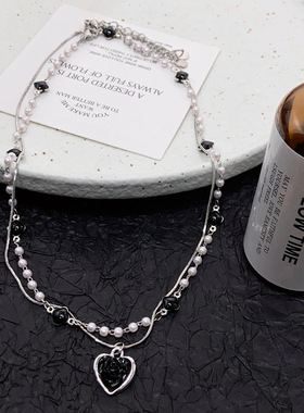 潮流时尚双层黑色玫瑰爱心珍珠项链小众设计甜酷简约气质风毛衣链