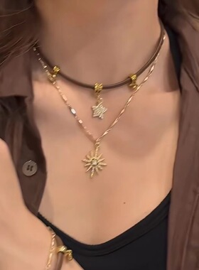 美拉德风甜辣欧美复古皮质双层choker星星太阳项链女星星项链花朵