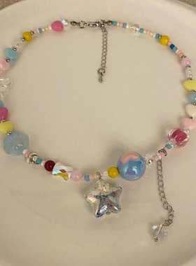 甜酷少女可爱糖果色串珠项链女小众设计感夏季辣妹网红锁骨链颈链