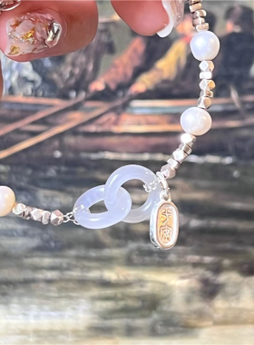 环环相扣和田玉碎银子手链女珍珠小众时尚百搭简约饰品仿人工玉石