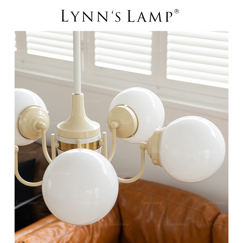 Lynn's立意奶油系玻璃吊灯客厅主卧室魔豆法式圆球ins中古餐厅灯-图2