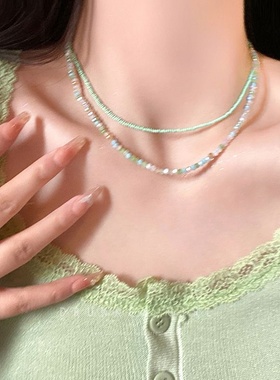 薄荷曼波~绿色串珠项链女夏天双层叠戴颈链配饰海边多巴胺锁骨链