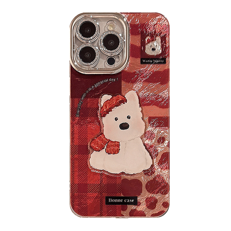 韩系可爱西高地狗狗适用16promax新年红色手机壳16Pro镜头保护iPhone15秋冬豹纹14promax毛绒挂绳13Pro保护套