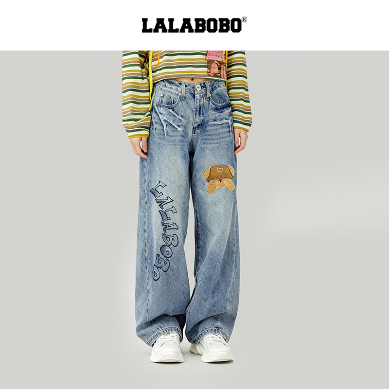 【商场同款】LALABOBO25年冬新款弯刀裤女小熊贴布印花宽松牛仔裤 - 图1