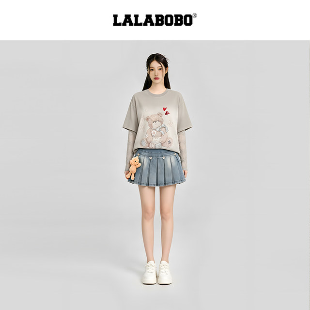 LALABOBO26 new lace splicing top fake two pieces old printed long-sleeved T-shirt