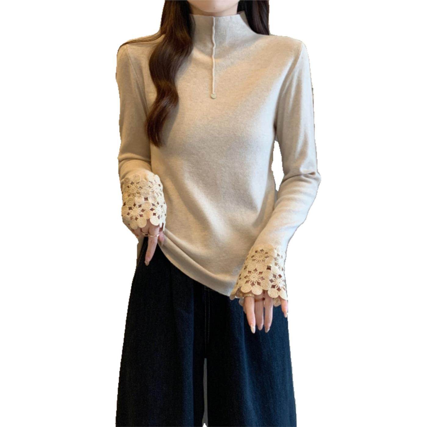 高领蕾丝拼接正肩针织衫内搭大码女装胖mm秋冬款高级感打底衫上衣,淘宝优惠券,粉丝福利购,淘宝优惠卷