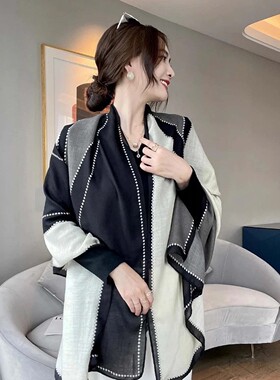 安楠2026春秋薄款围巾女简约高级感时尚围脖黑白拼色棉麻丝巾披a1