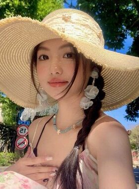 新款法式蕾丝蝴蝶结大檐草帽女夏季防晒遮阳沙滩太阳帽清新甜美风