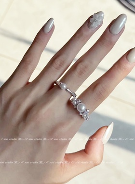 精致锆石珍珠戒指女叠戴尾戒指环