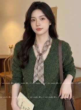 绿色格纹丝巾项链独特系脖毛衣链