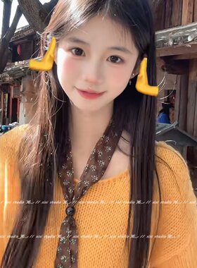 法式复古咖色碎花丝巾项链可调节