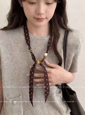 棕色腰果花系脖丝巾项链女抽拉式