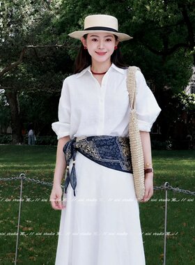 韩系蓝色腰果花串珠系腰三角巾女