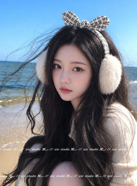 韩系白色蝴蝶结毛绒耳包女款