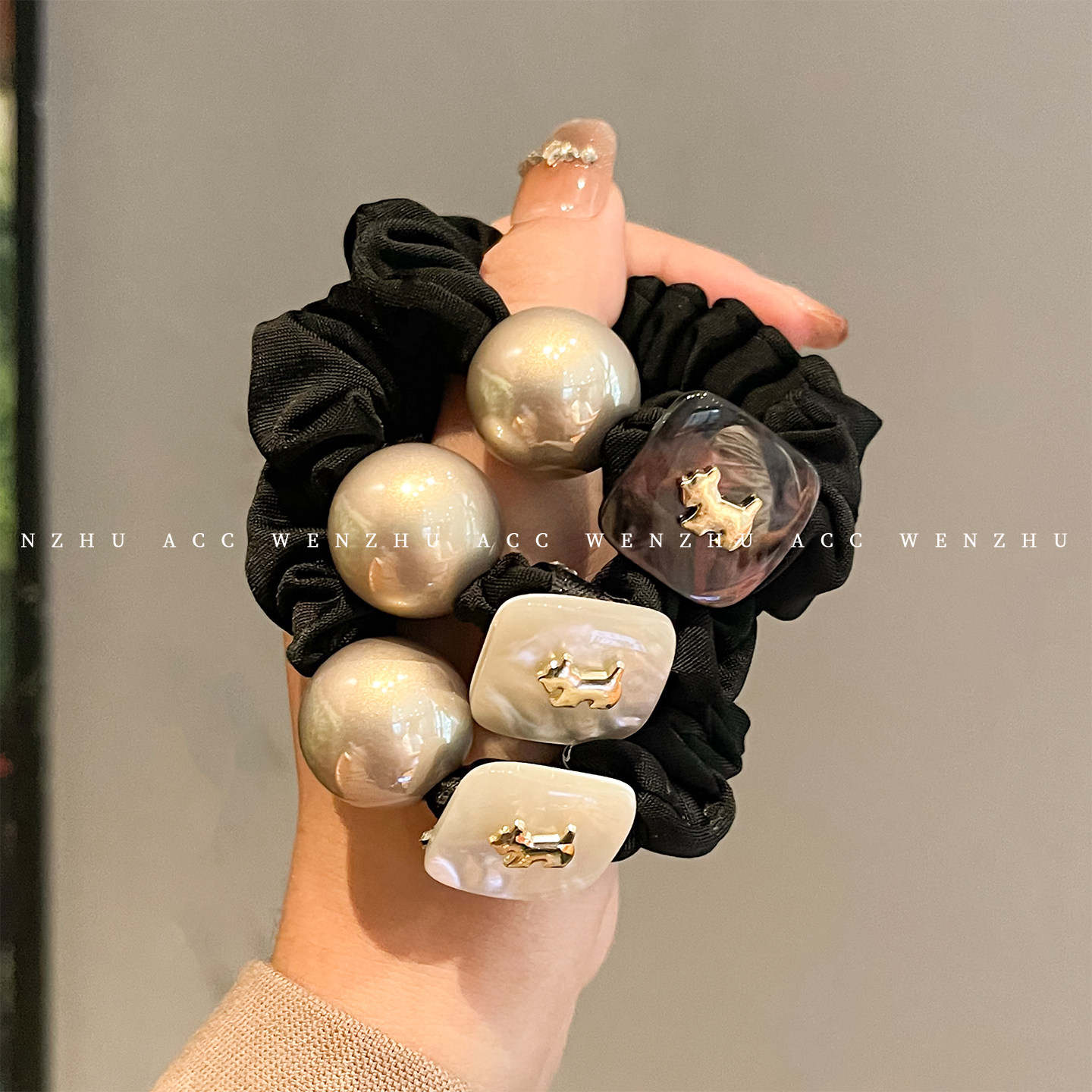 法式卡通小狗大肠发圈女高级感珍珠头绳气质百搭高弹皮筋马尾发绳,淘宝优惠券,粉丝福利购,淘宝优惠卷