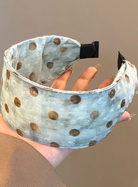 蓝色复古波点宽边水洗布发箍