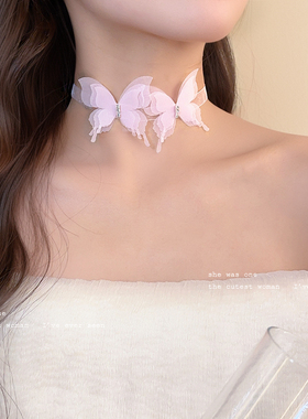 法式超仙蝴蝶网纱闪钻颈链高级感