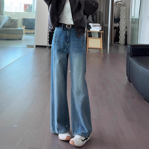 复古水洗窄版阔腿牛仔裤女2025秋季新款高腰宽松垂感小个子直筒裤 - 图3