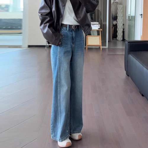 复古水洗窄版阔腿牛仔裤女2025秋季新款高腰宽松垂感小个子直筒裤 - 图0