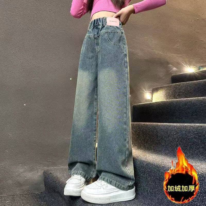 安阳童装女童加绒加厚牛仔裤2025新款洋气时髦冬装休闲阔腿裤中学-图3
