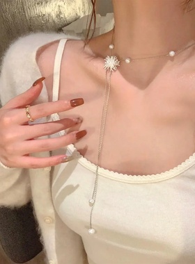 钛钢珍珠流苏毛衣链可抽拉百搭