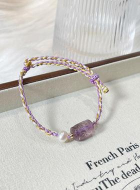 巧恩简约小众天然紫水晶回纹桶珠路路通手工编织棉麻绳手绳女