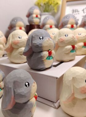 手工雕刻兔子生肖摆件儿情侣兔实木雕刻桌面家居摆件装饰木雕装饰