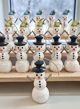 手工木雕雪人挂件摆件圣诞节装饰原木手绘可爱桌面挂饰创意礼物