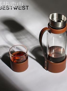 Best west 现代轻奢皮质透明玻璃冷水壶 便携式露营酒壶水壶器皿