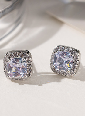 满钻方包耳钉女款时尚清新镶钻几何耳饰简约气质超闪锆石方形耳环