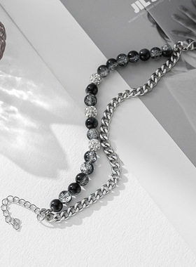 ins潮百搭黑色爆花珠情侣手链 复古简约时尚个性串珠钛钢手链