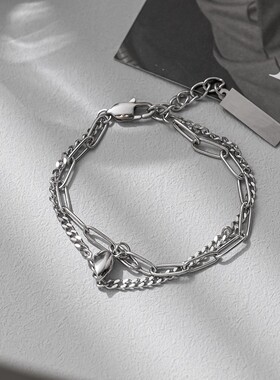 韩版ins小众设计拼接双层情侣手链嘻哈磁吸爱心不掉色钛钢手饰品