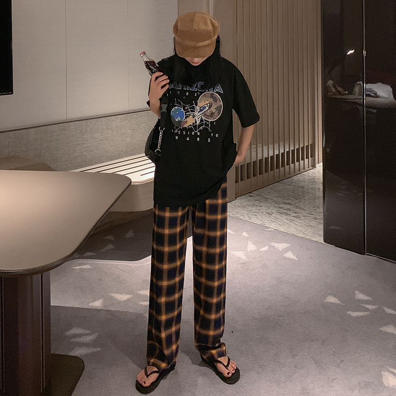 善狼恒美旗舰店黑白格子裤女宽松直筒垂感高腰显瘦秋冬季韩版百搭古着格纹阔腿裤1