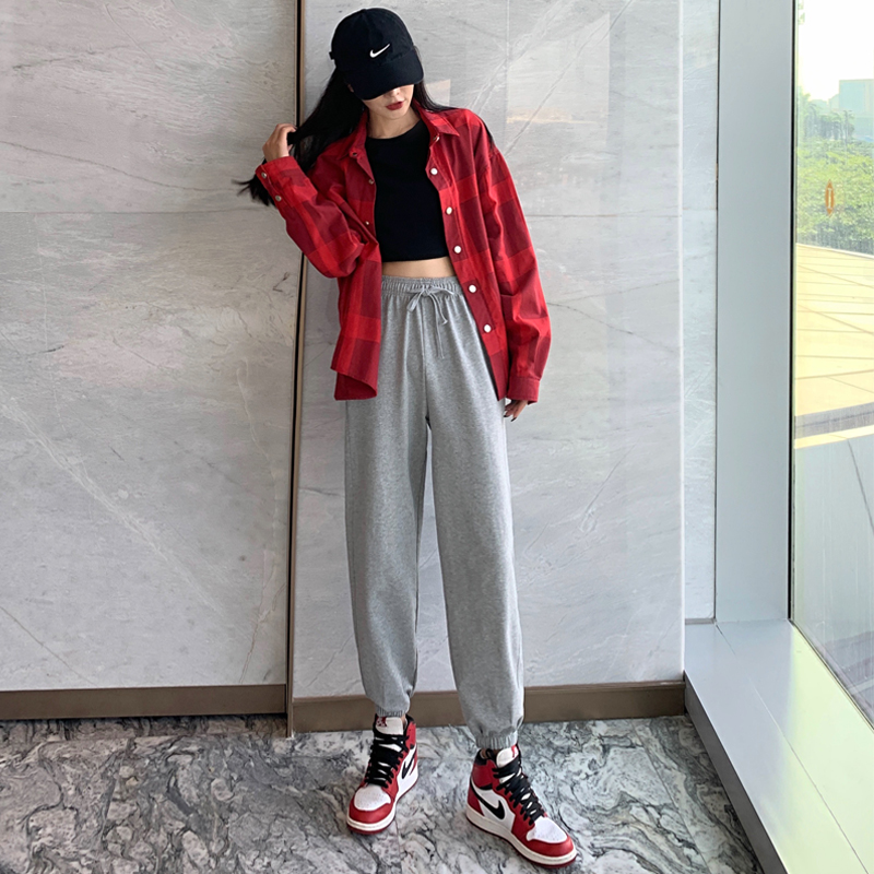 善狼恒美旗舰店灰色运动裤女宽松束脚裤秋冬季显瘦百搭新款卫裤ins潮休闲裤1