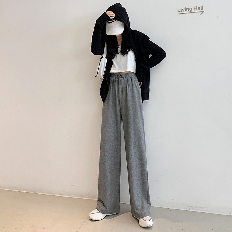 善狼恒美旗舰店灰色运动裤女宽松直筒秋冬季新款显瘦百搭休闲高腰垂感阔腿裤0