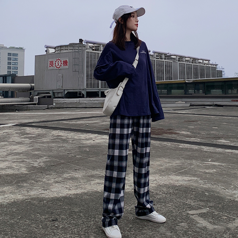 善狼恒美旗舰店黑白格子裤女直筒垂感高腰夏季薄款宽松显瘦韩版休闲复古阔腿裤子2