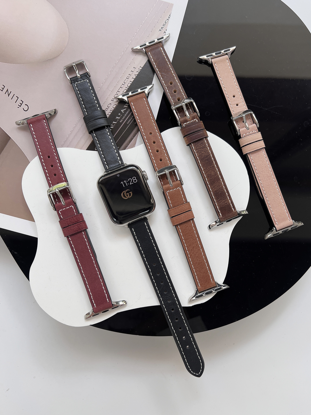 适用iwatch ultra2表带高级皮质applewatch9/8/7/6se代创意苹果手表表带41/45/49mm男女潮复古纹直身皮表带潮