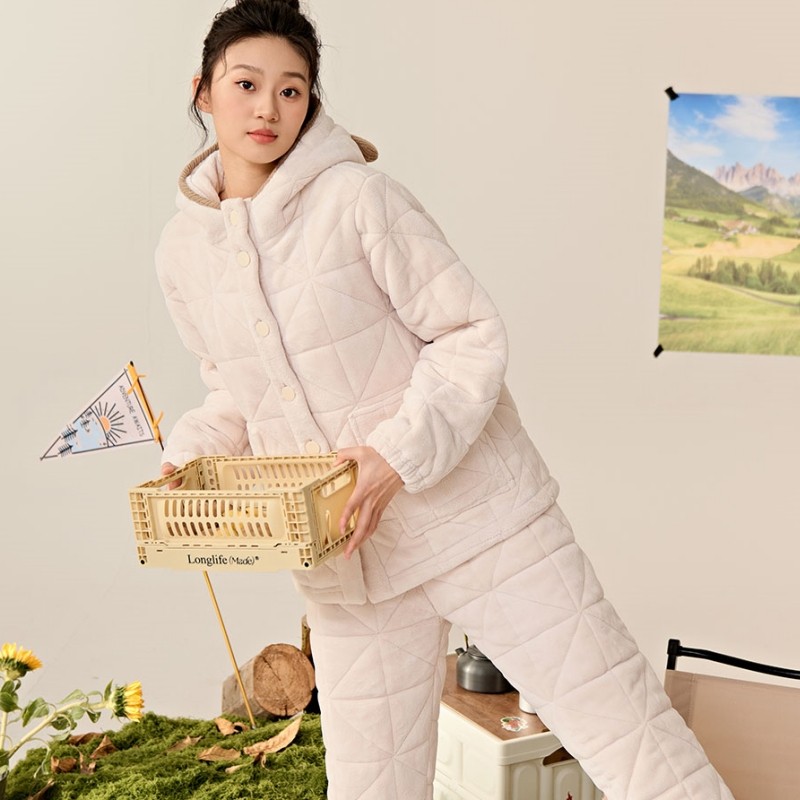 安之伴三层加绒加厚珊瑚绒夹棉睡衣女冬季可外穿连帽保暖家居服,淘宝优惠券,粉丝福利购,淘宝优惠卷