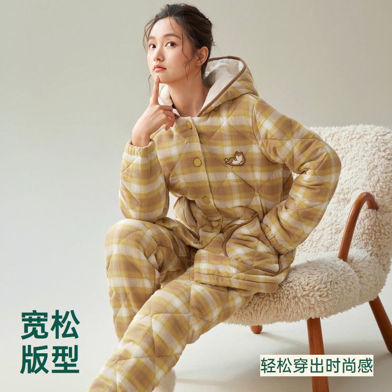 安之伴三层磨毛纯棉夹棉睡衣女冬季加厚连帽保暖珊瑚绒格子家居服,淘宝优惠券,粉丝福利购,淘宝优惠卷