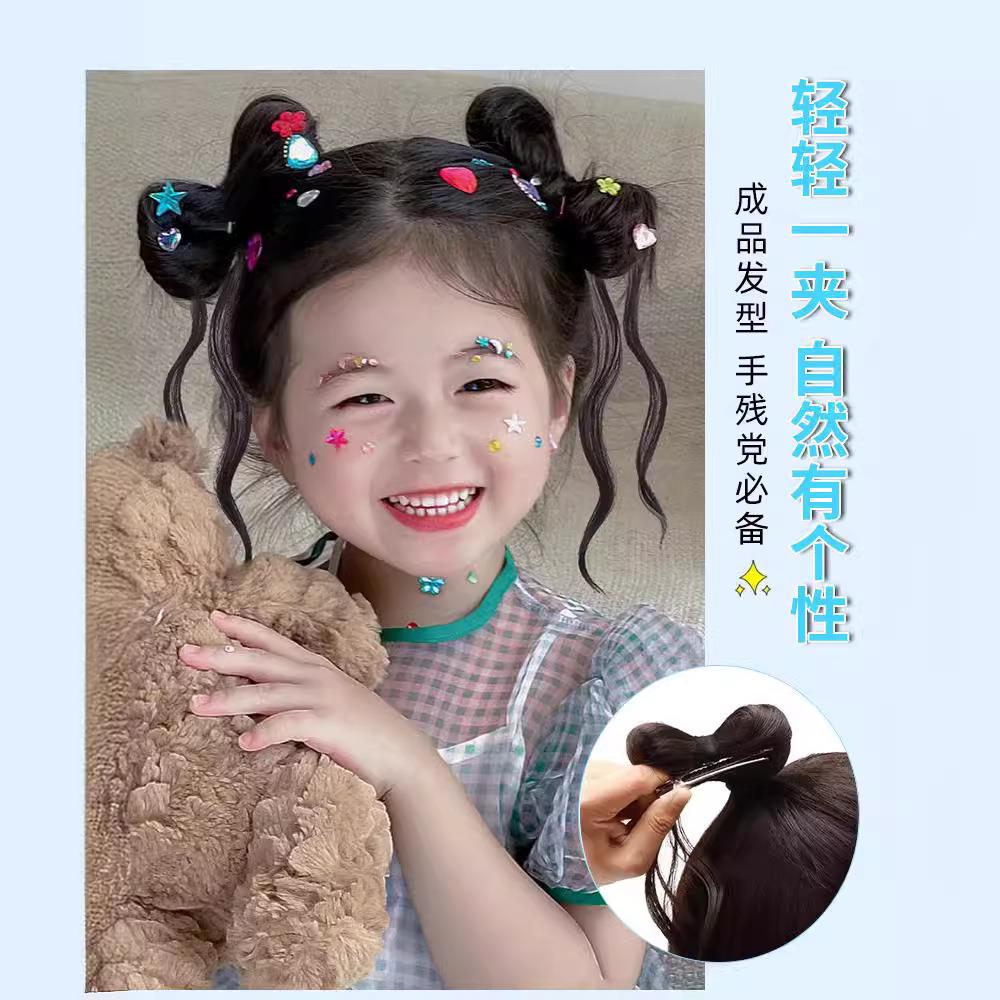 美宿蝴蝶结半扎高马尾儿童假发辫子抓夹发包丸子假发辫女汉服头饰