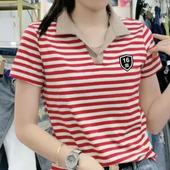 ແມ່ອາຍຸກາງເດືອນ striped polo collar ເສື້ອທີເຊີດແຂນສັ້ນສໍາລັບແມ່ຍິງ 2023 summer ໃຫມ່ຂະຫນາດໃຫຍ່ slim ເສື້ອຍືດຂະຫນາດນ້ອຍຂອງແມ່ຍິງ