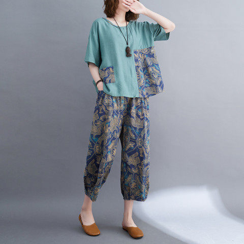 中老年人大码女装夏季套装宽松显瘦印花妈妈短袖上衣阔腿裤两件套,淘宝优惠券,粉丝福利购,淘宝优惠卷