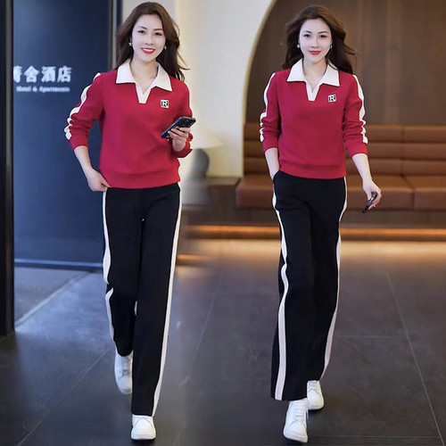 中年妈妈休闲套装女2025春秋新款显瘦洋气宽松大码翻领卫衣两件套 - 图0